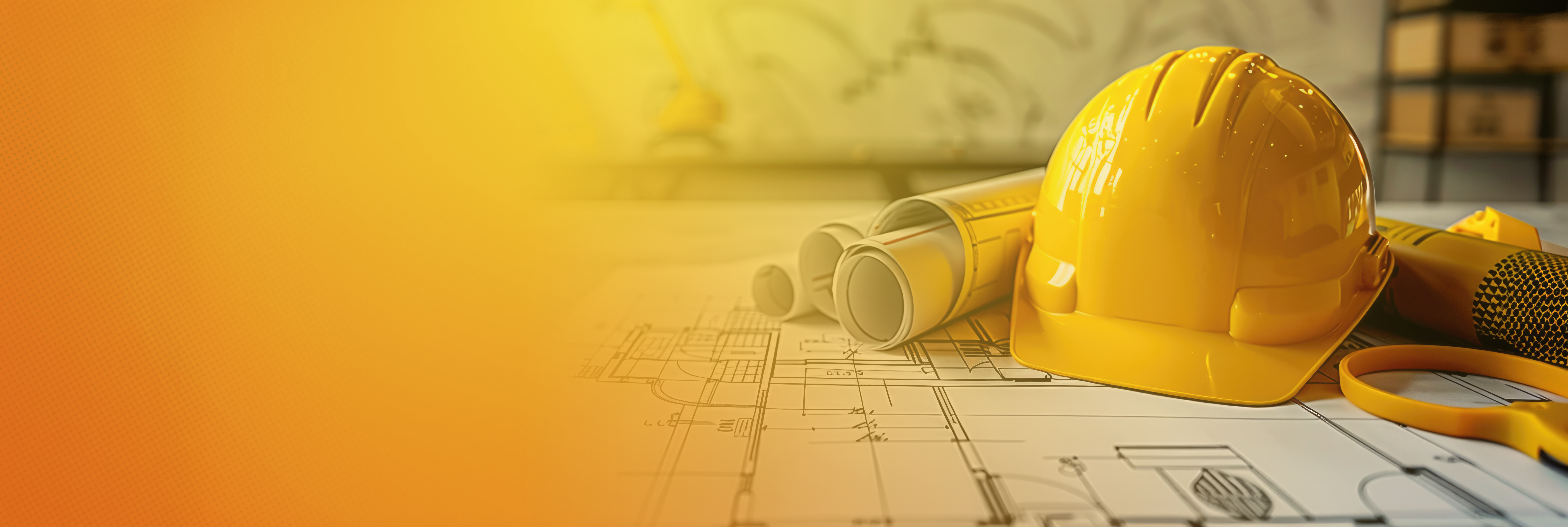 Capacete e plantas de reforma sobre a mesa, obra organizada no Rio de Janeiro